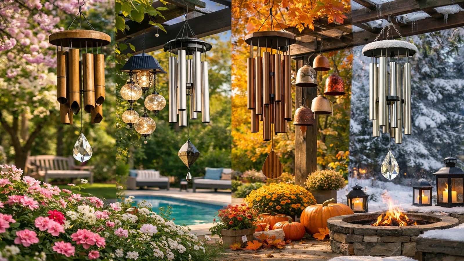 Seasonal wind chimes in a garden across spring blooms, summer light, autumn foliage, and winter snow showing airflow changes, tone variation, and year round outdoor sound behavior