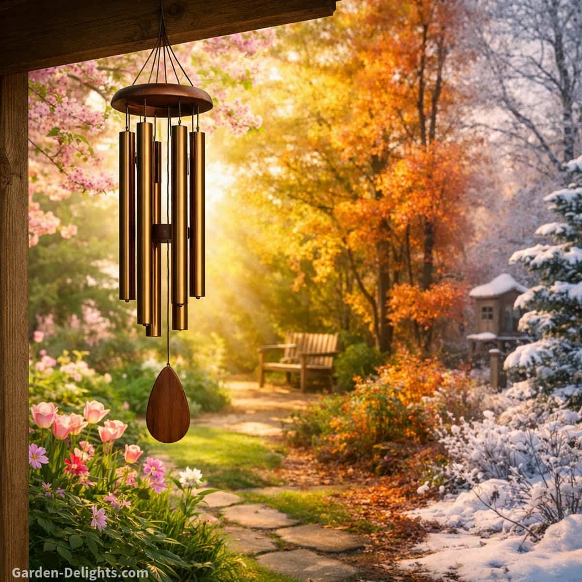 A single wind chime hanging in a peaceful garden scene with a gentle seasonal gradient that shifts from spring blossoms to warm summer light to soft autumn color and into quiet winter snow which reflects the emotional tone and natural harmony of seasonal wind chimes