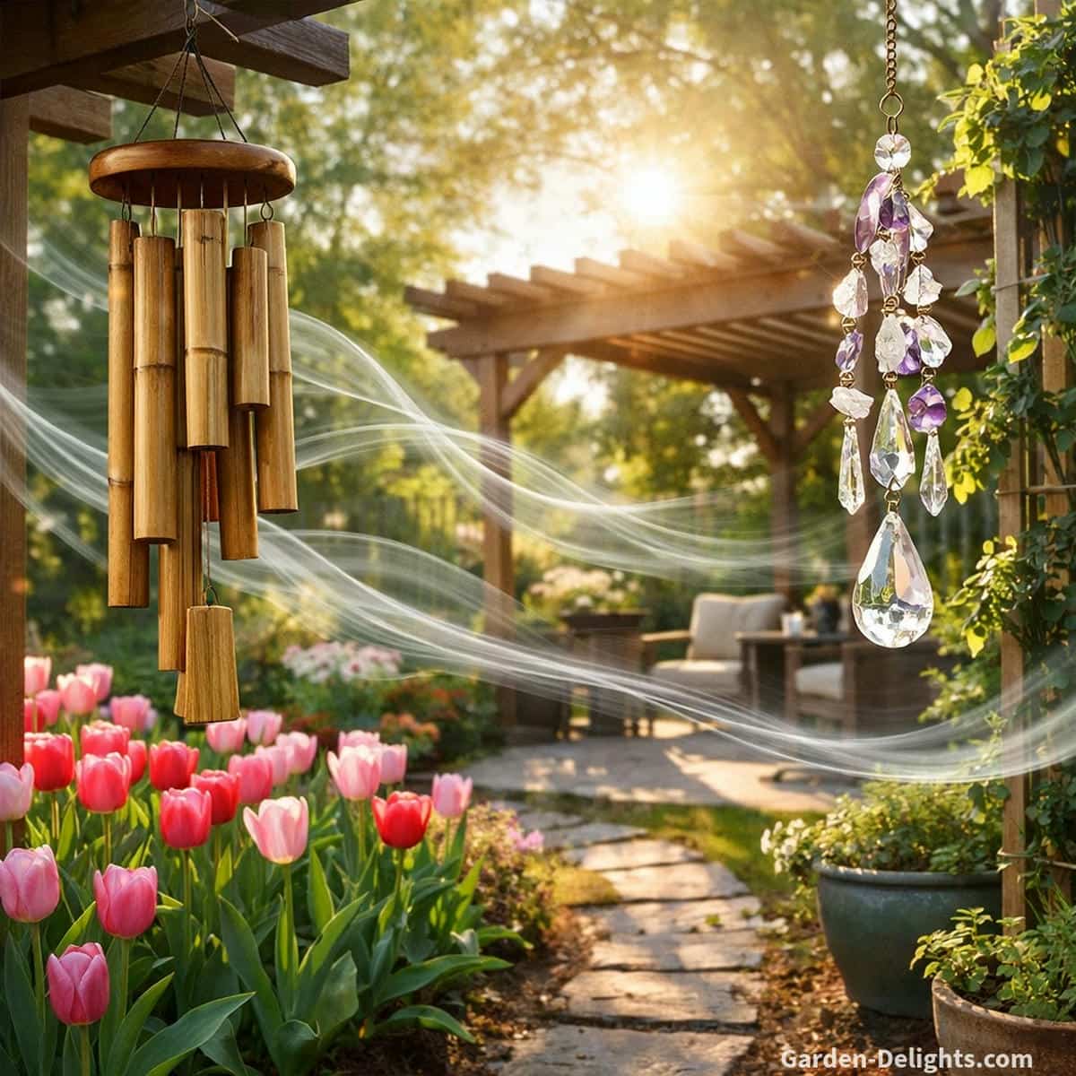 Spring garden with bamboo and crystal wind chimes responding to light seasonal airflow corridors formed by tulip beds, pergola slats, and warm morning sunlight that influence tonal activation and layered spring outdoor resonance