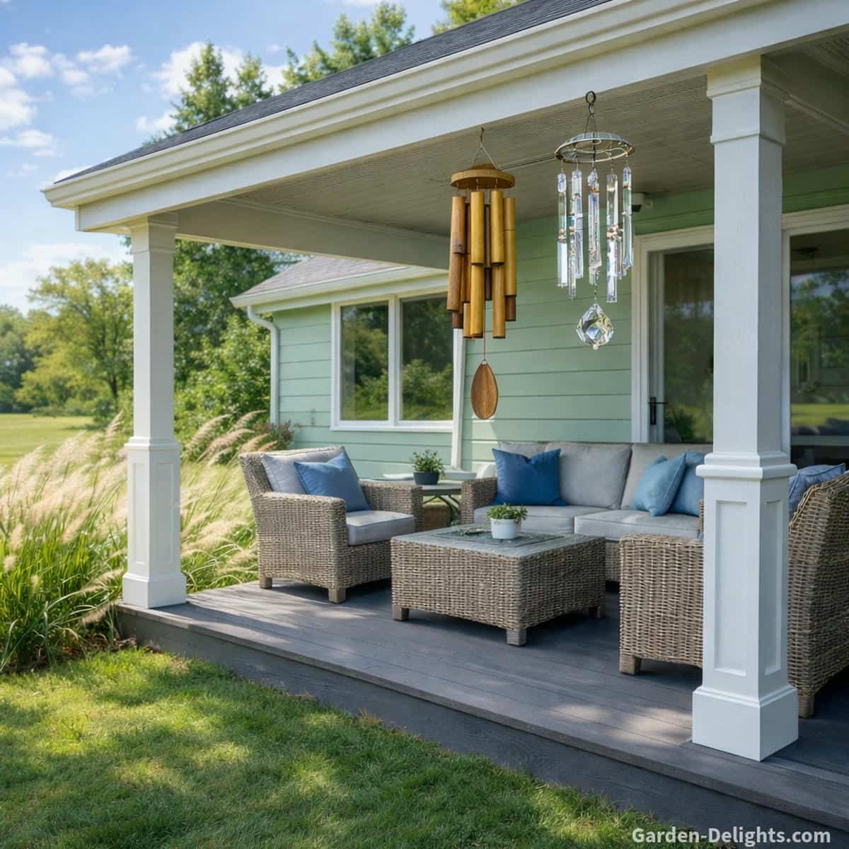 Spring bamboo and crystal wind chimes hanging from covered patio beam of light seafoam green house with white trim, overlooking open lawn and ornamental grasses beside wicker outdoor furniture with blue cushions, creating gentle airflow activation and calming seasonal spring resonance