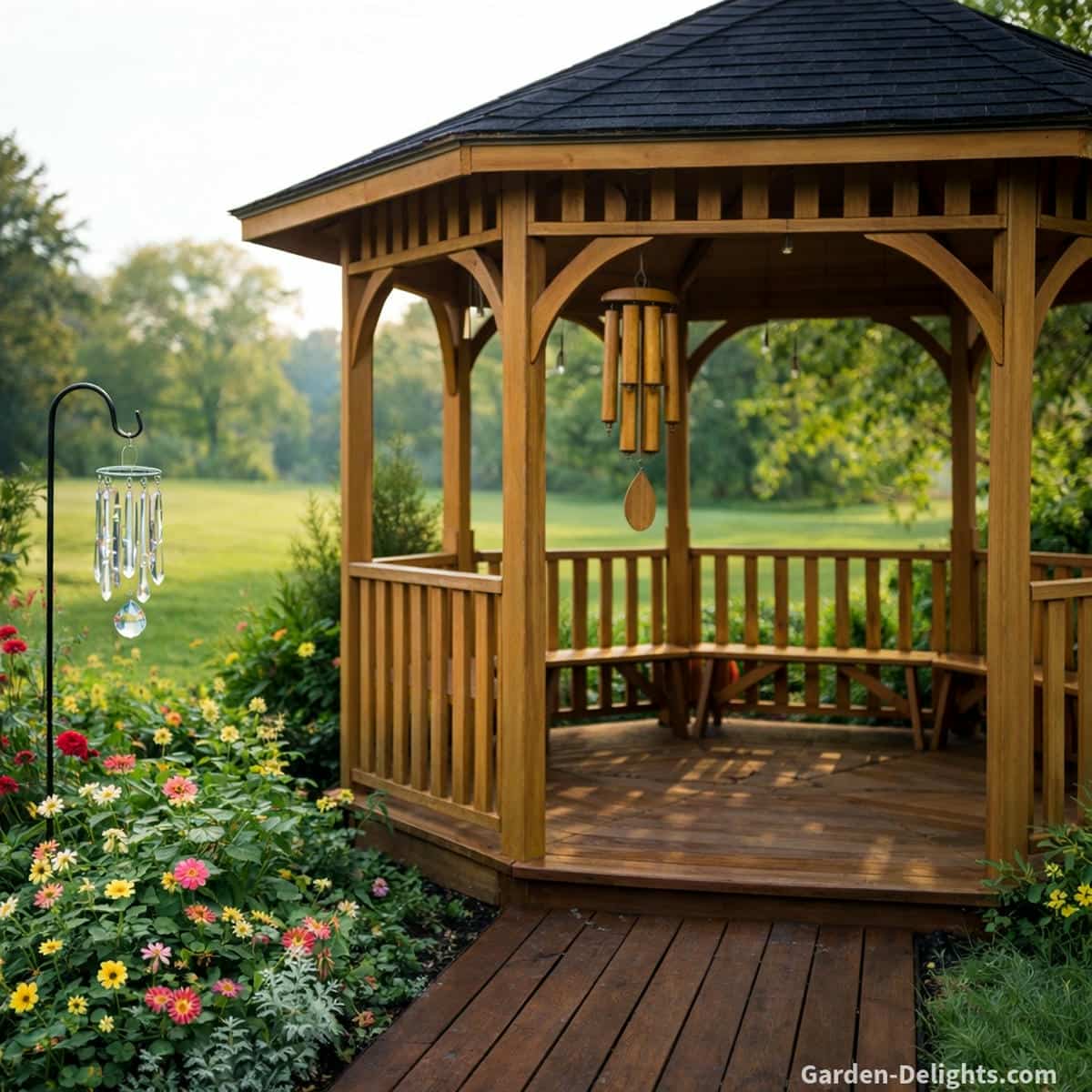 Spring bamboo wind chime hanging from the left roof opening of a natural wood garden gazebo with dark roof and interior benches, while crystal wind chime hangs from a shepherd hook beside flowering garden bed, symbolizing Feng Shui Wood element renewal, rising morning Chi flow and balanced seasonal spring placement in East garden zones