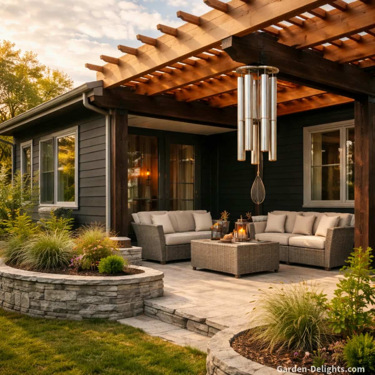 Northwest summer Feng Shui wind chime placement beneath a cedar pergola attached to a black home with grey trim, polished aluminum metal chime tubes reflecting warm golden sunlight above light wicker patio sofas and grey stone landscaping, activating Heaven energy, leadership clarity and balanced seasonal Chi through gentle summer airflow