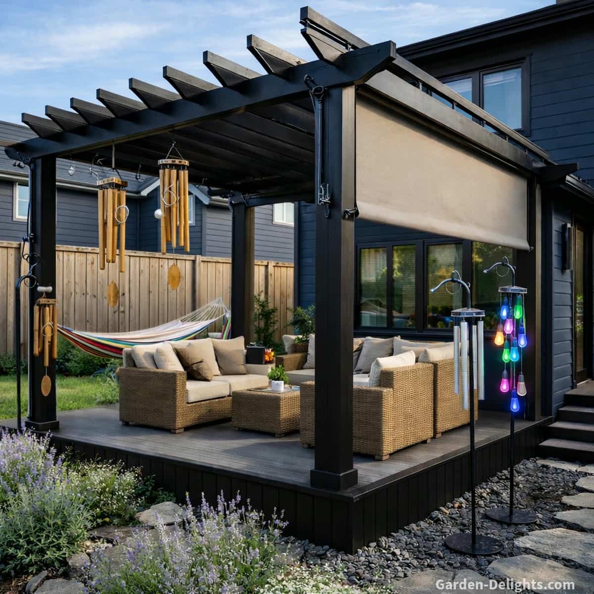 Bamboo wind chimes with engraved details sway beneath a black summer pergola while metal and solar wind chimes hang from shepherd hooks near wicker patio seating, lavender plants and a stone pathway beside a dark blue home with a tall wood privacy fence