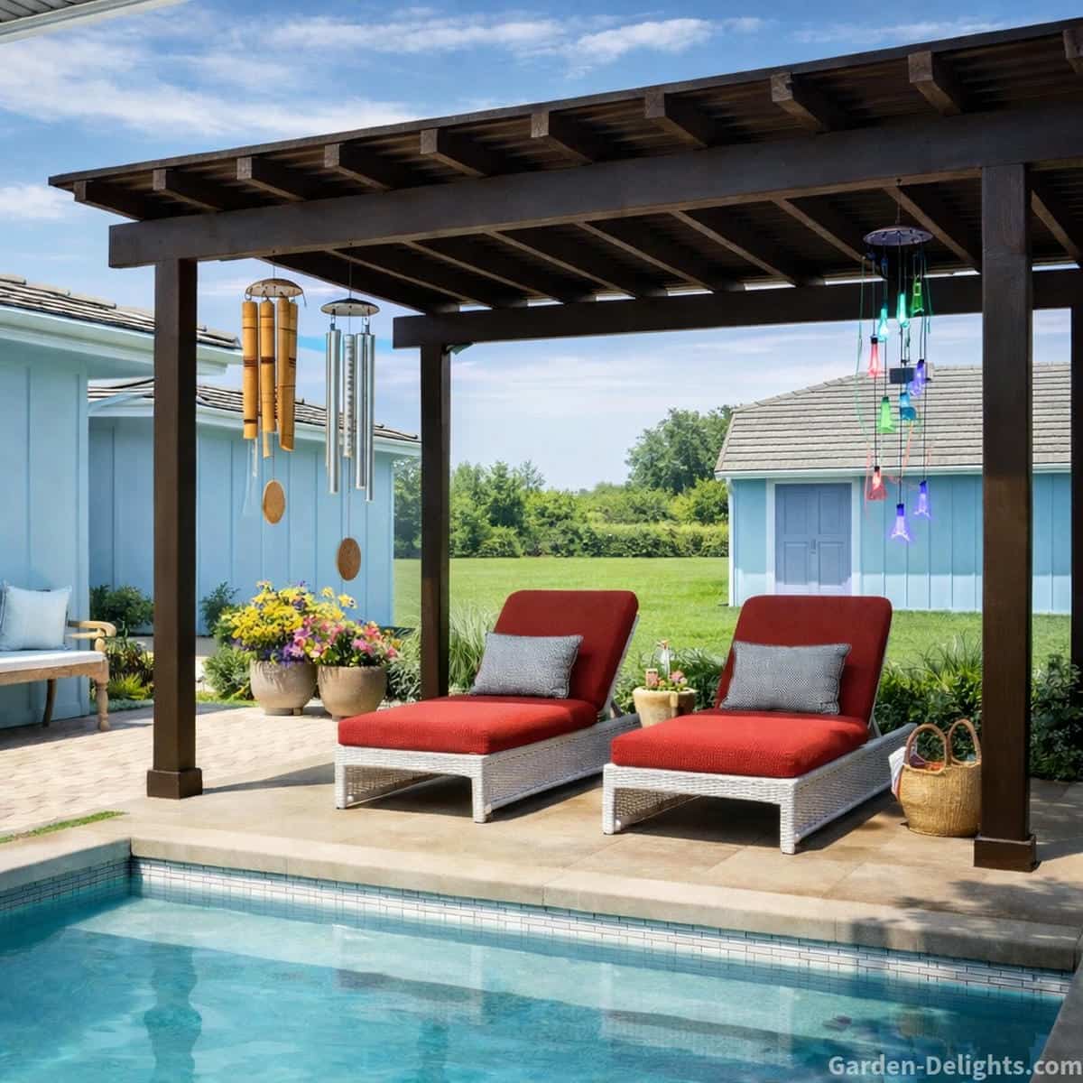 summer wind chimes with steady airflow on pergola patio creating bright tone and movement