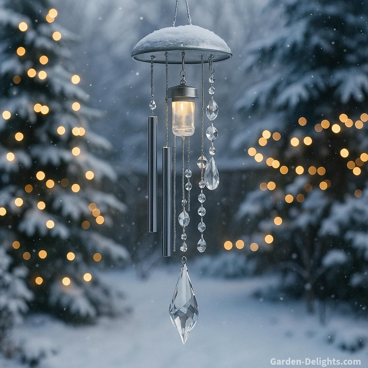 Winter crystal wind chimes glowing beside snow covered pine trees with soft lantern light and calm seasonal shimmer that supports peaceful holiday decor and gentle memorial comfort in quiet winter gardens