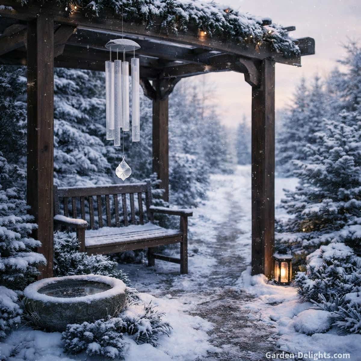 Frosted glass winter wind chime hanging from a dark stained wooden arbor in a snowy north facing garden where Water element Chi gentle winter air and soft light create emotional grounding spiritual protection and peaceful Feng Shui energy for calm seasonal reflection.
