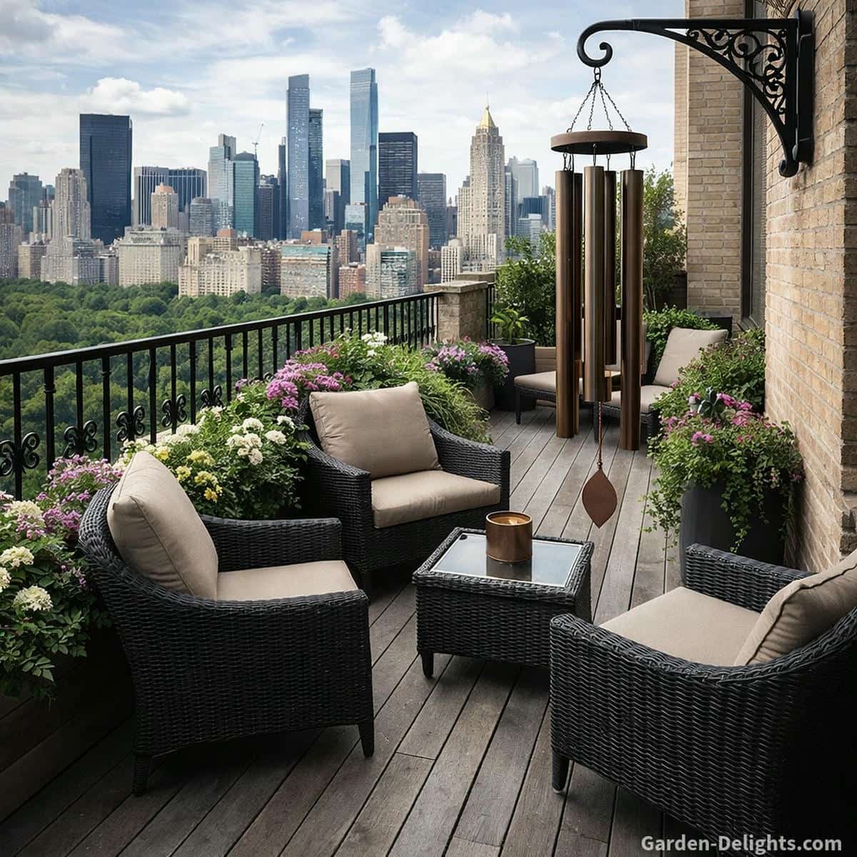 large bronze wind chimes hanging from a black cast iron wall hook on a balcony patio with wicker furniture and flowering plants creating steady acoustic flow resonance smooth vibration flow and calming acoustic environment for small outdoor relaxation spaces and Feng Shui energy balance