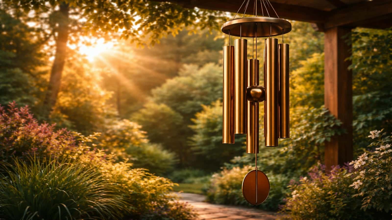 Large bronze wind chimes hanging in a peaceful garden at golden hour, soft sunlight illuminating warm metal tones while gentle airflow creates deep resonant sound, symbolizing relaxation, Feng Shui energy flow, and emotional calm in an outdoor sanctuary.