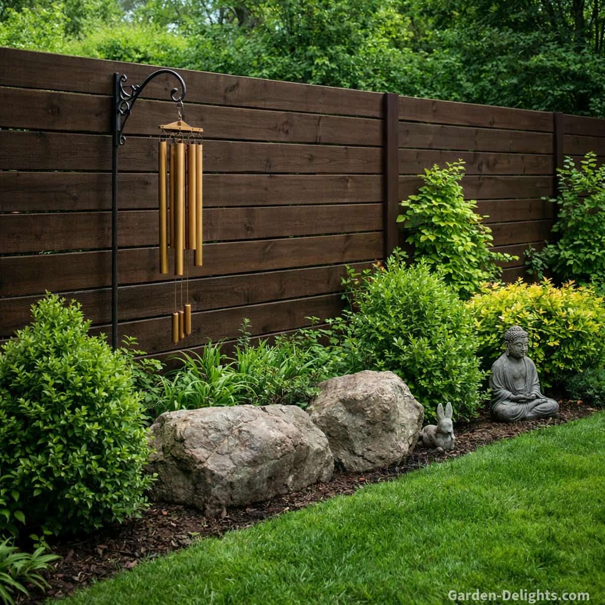 bronze wind chimes hanging from decorative cast iron shepherd hook along garden fence line with boulders and meditation garden elements creating airflow corridor activation deep resonance harmonic overtones and smooth sound projection for peaceful outdoor ambiance