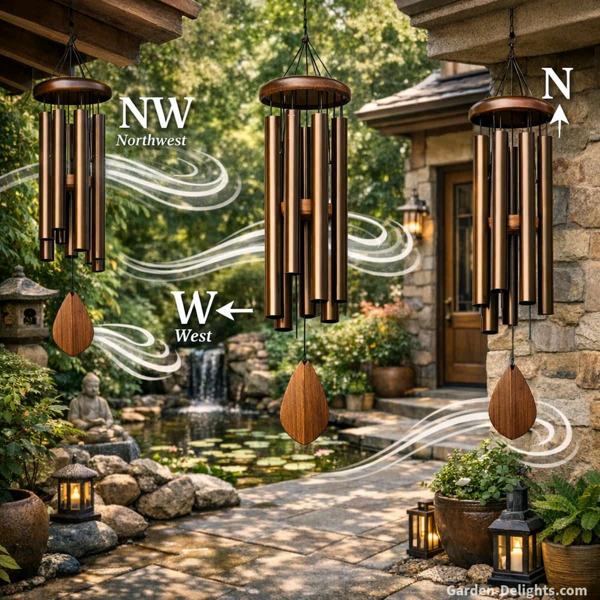 bronze wind chimes placed in Feng Shui Bagua zones showing Northwest, West, and North placement with gentle airflow activation deep tone resonance and smooth chi flow in patio garden and entryway spaces