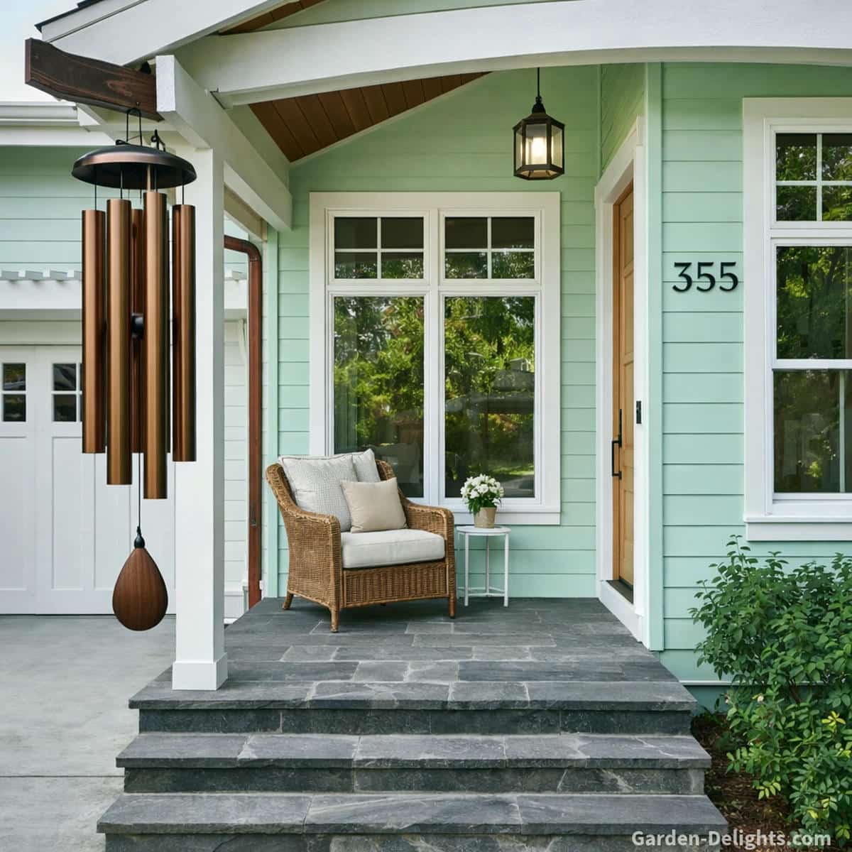 bronze wind chimes on front porch creating welcoming tone
