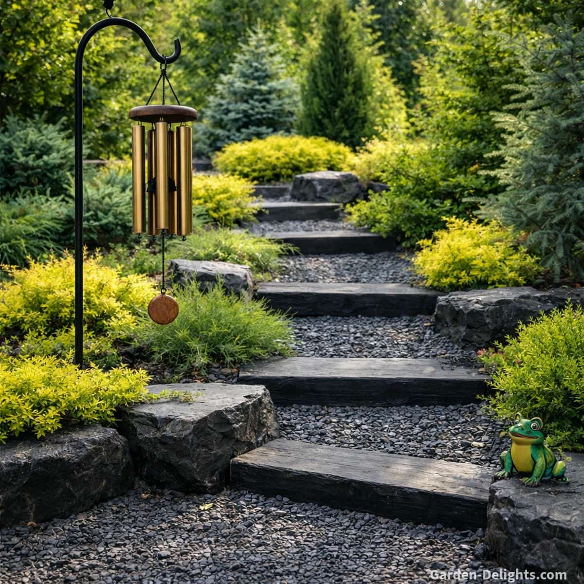 bronze wind chimes hanging on a black shepherds hook beside a stone garden pathway with dark wood steps, round wooden striker, lush greenery and a small colorful frog ornament creating slow vibration energy, low frequency tone depth and smooth airflow movement in a peaceful meditation garden