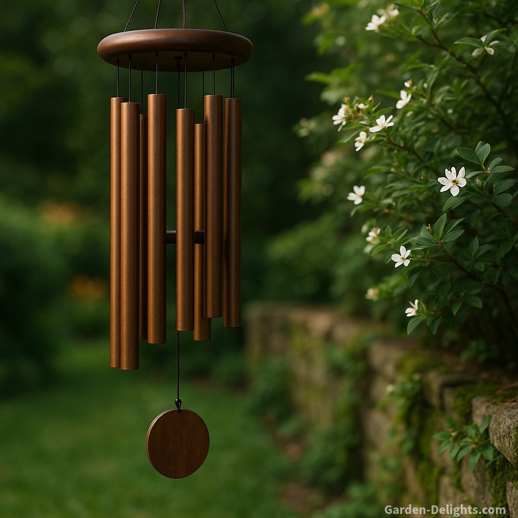 Bronze wind chimes creating warm mellow resonance and steady gentle sound in a peaceful garden corner