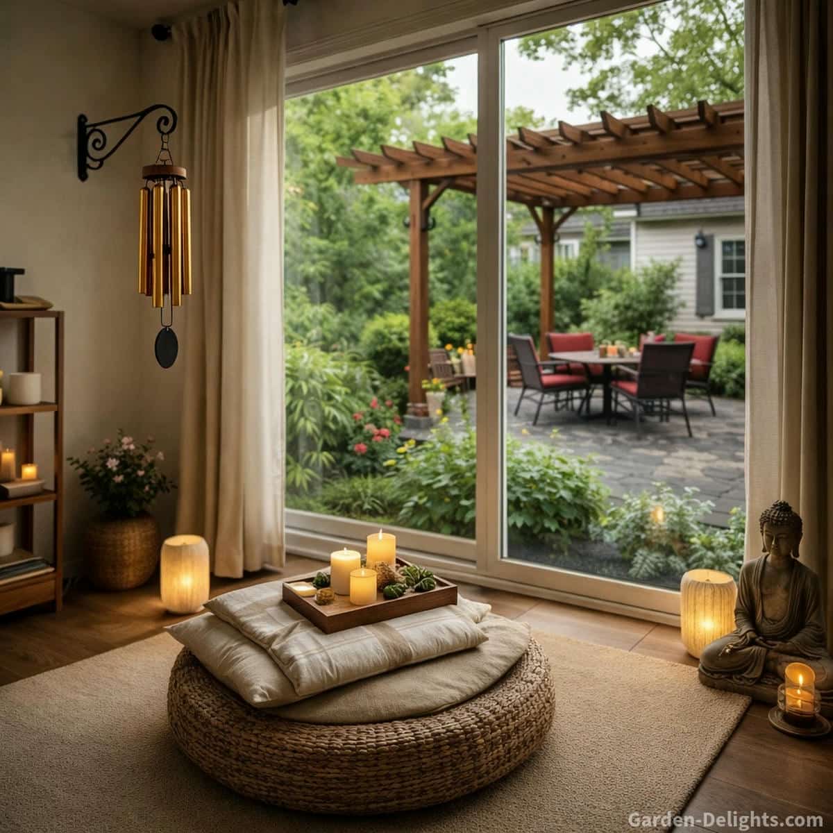 small bronze wind chimes hanging indoors from a decorative wall hook near a meditation room window with soft natural airflow, positioned with clearance from the wall to allow gentle movement, creating light low frequency resonance, smooth harmonic vibration, and calming grounded energy in a peaceful interior space