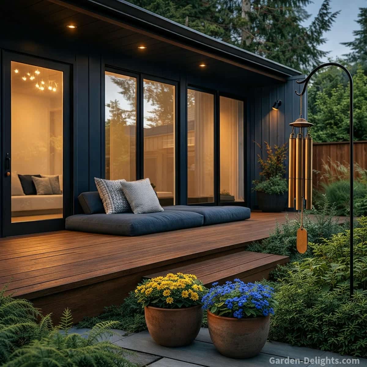 bronze wind chimes hanging from a shepherd hook in a landscaped garden beside a modern dark blue house with large glass doors and a stained wood patio deck, creating deep resonant sound with gentle airflow that supports grounding energy and smooth Feng Shui chi flow in a calm outdoor meditation space