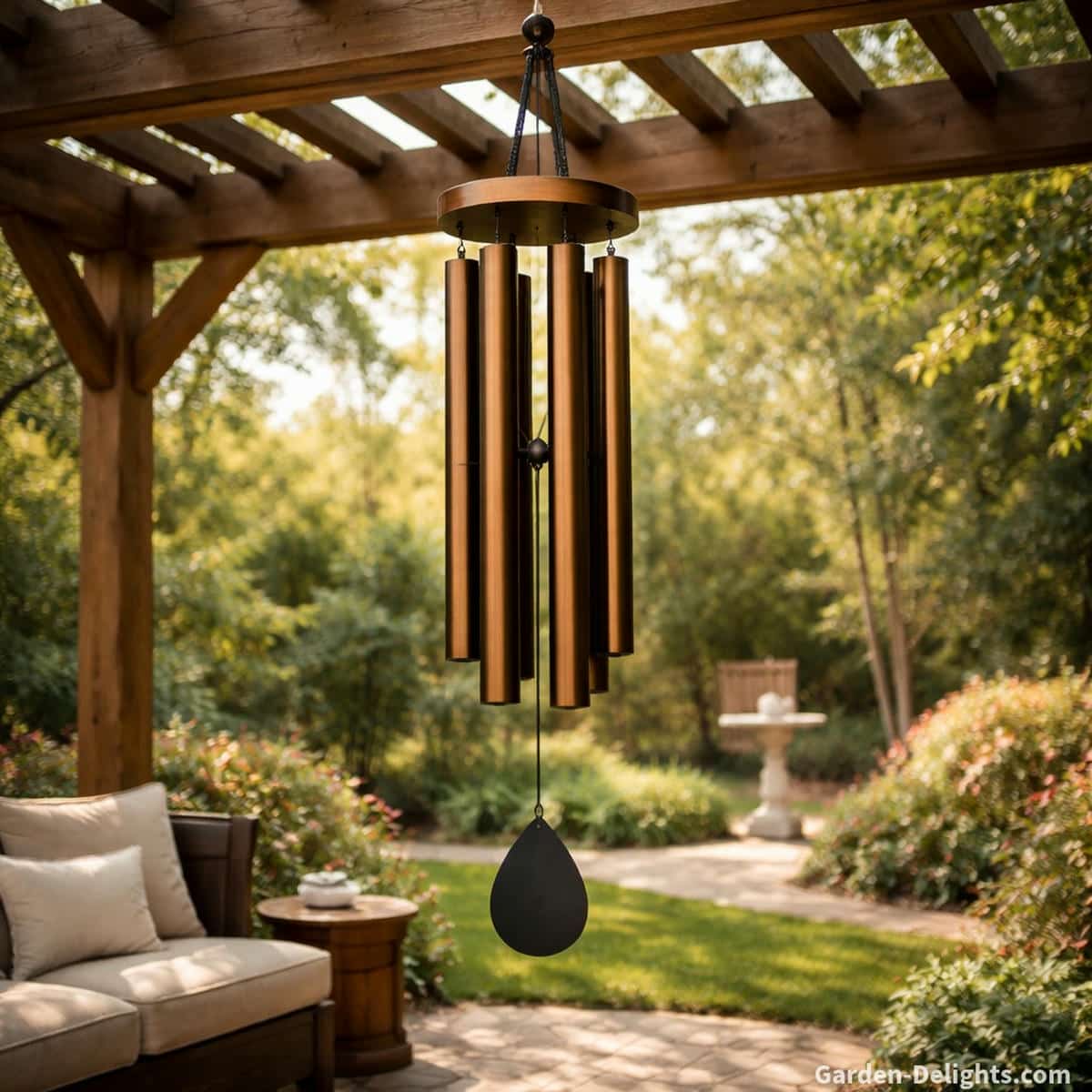 bronze wind chimes hanging from a wooden pergola beam at slightly above head height in a peaceful backyard patio setting with soft sunlight, showing ideal airflow placement for slow vibration energy, smooth vibration movement, and calming grounded sound flow in an open garden environment