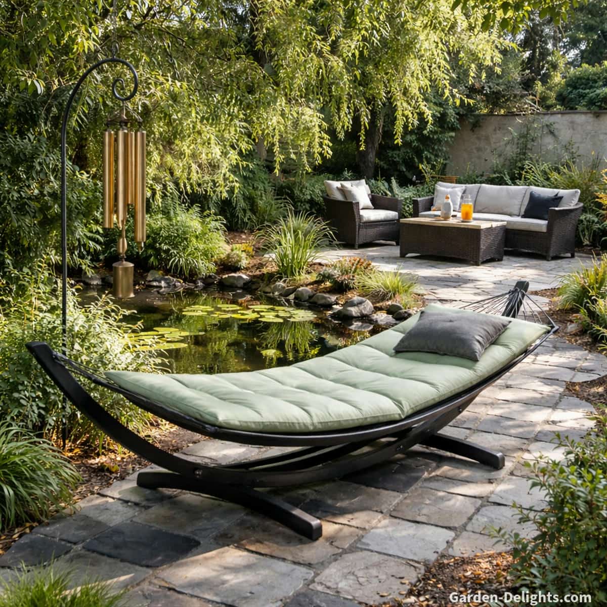 deep tone bronze wind chimes hanging from a shepherds hook beside a small backyard pond near a black frame hammock with green cushion creating soft airflow activated resonance gentle tonal movement and calming outdoor soundscape in a peaceful garden seating area