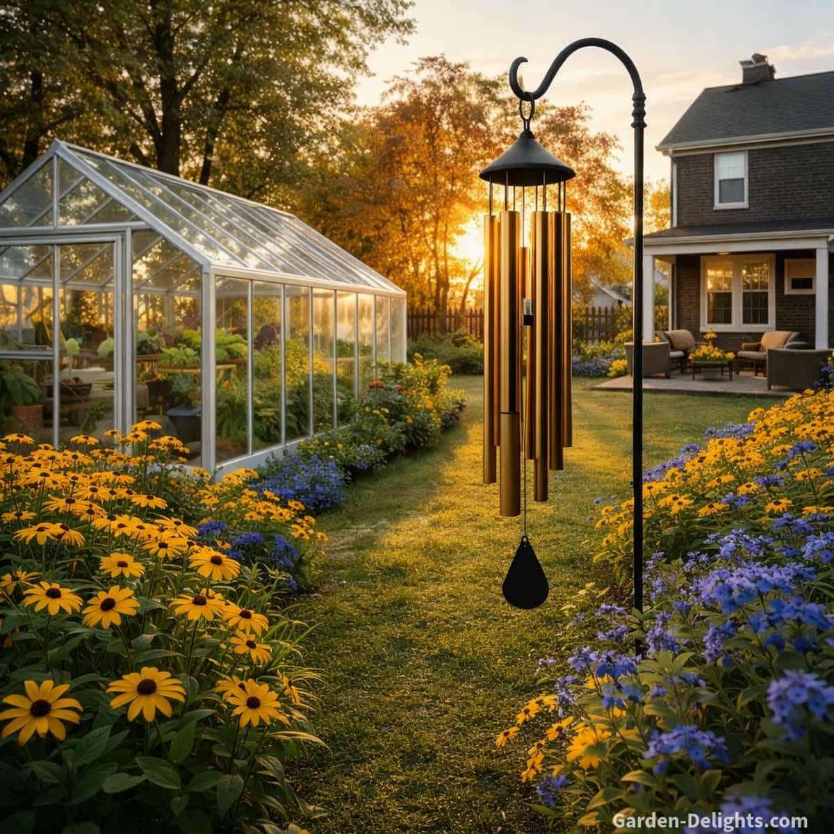 large bronze wind chimes with black top and wind catcher hanging from a cast iron shepherds hook beside a white greenhouse in a sunset garden with yellow and blue flowers, soft airflow creating deep tone resonance and calming outdoor soundscape near a patio and dark grey brick house