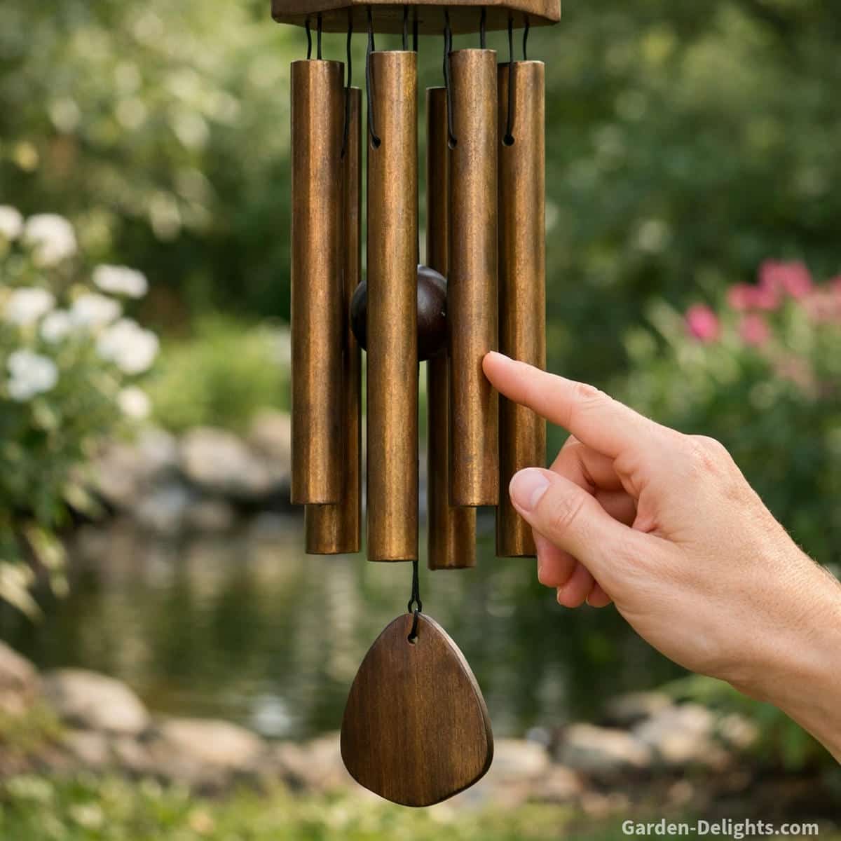hand gently tapping bronze wind chimes after cleaning to test deep tone resonance vibration response and harmonic balance in a peaceful garden airflow setting with natural patina and calming sound energy