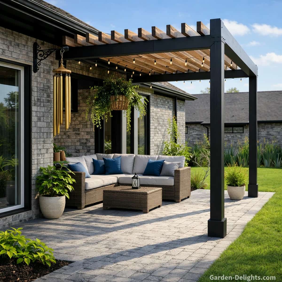 bronze wind chimes mounted on decorative cast iron hook beside patio door under pergola showing indoor outdoor airflow transition deep resonance tonal shift and controlled sound behavior for relaxation meditation and peaceful home ambiance