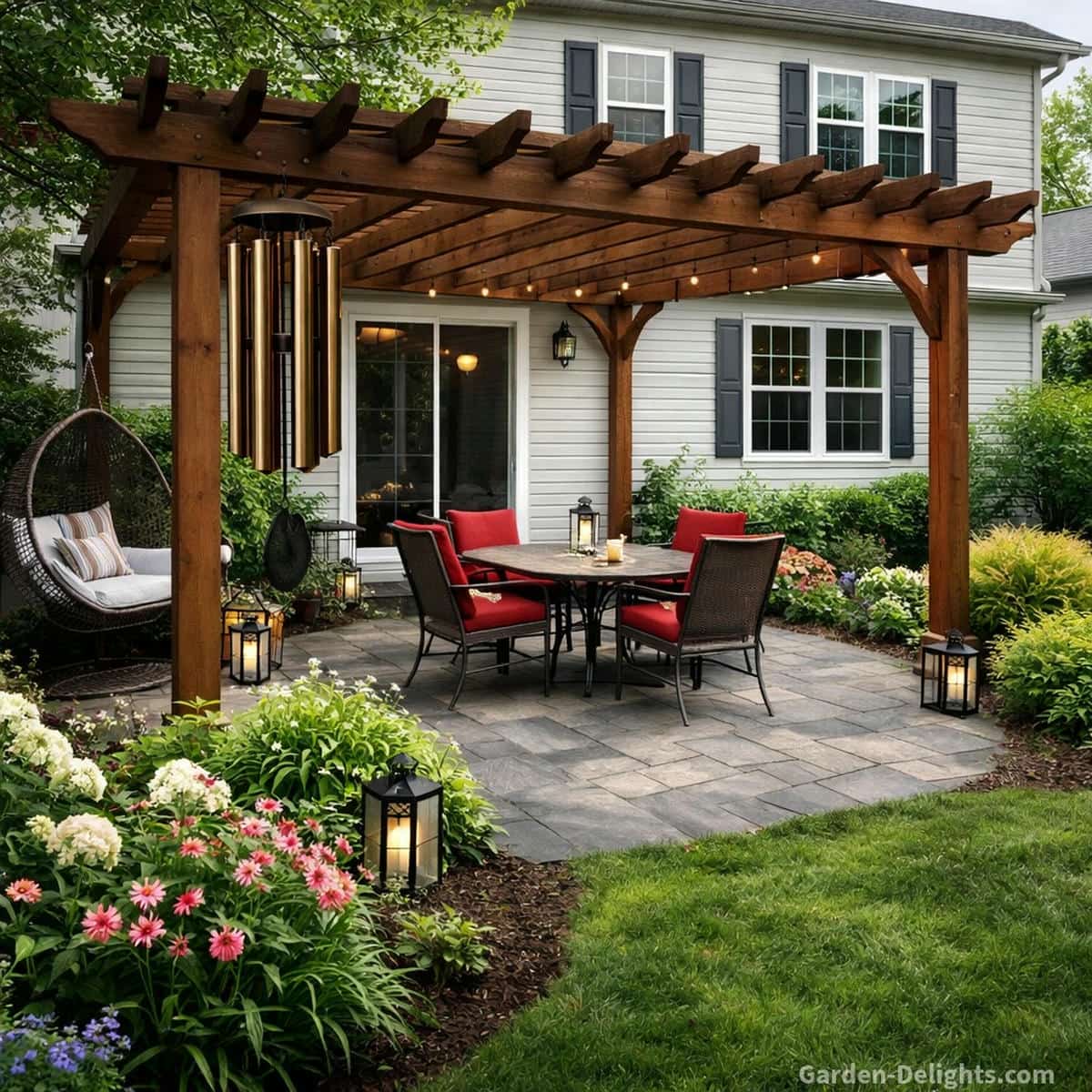 best place to hang bronze wind chimes on a walnut pergola over a stone patio beside a light grey house with dark trim, showing ideal pergola corner placement with steady airflow activation, deep tone resonance, smooth harmonic vibration, and a calm grounding outdoor sound environment