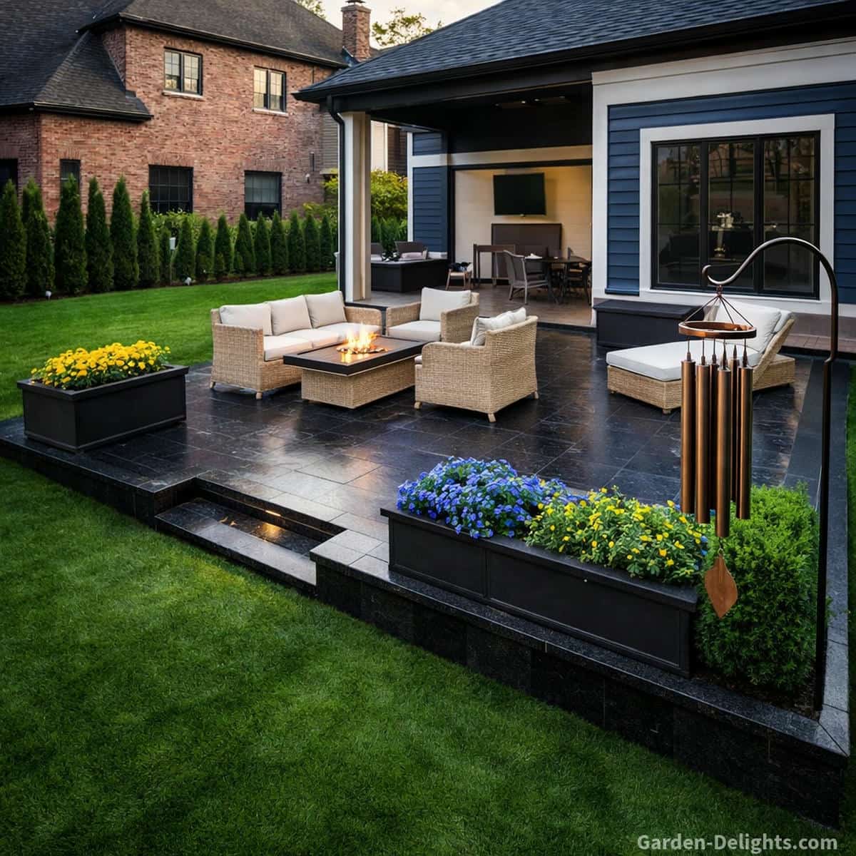 deep tone bronze wind chimes hanging from a decorative shepherd hook in a modern backyard patio with black granite stone flooring light wicker seating dark blue house with white trim yellow and blue flower planters creating strong sound projection long resonance and balanced outdoor acoustic performance