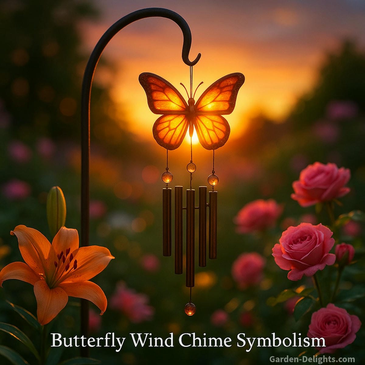 Symbolic butterfly wind chime glowing at sunset in a memorial garden with lilies and roses, evoking transformation, peace, and remembrance