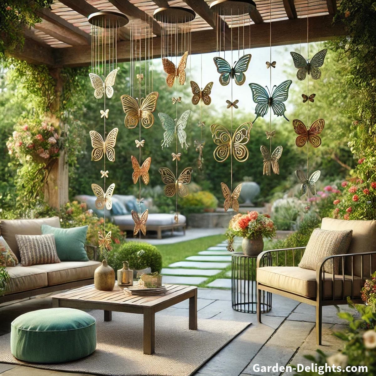 Butterfly wind chimes glowing in the sunlight above a peaceful garden patio, blending gentle melodic tones with symbolic transformation and uplifting outdoor energy.
