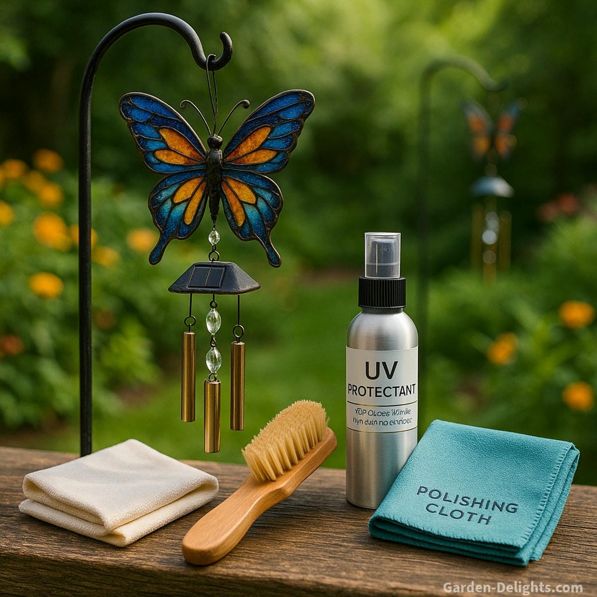 Butterfly wind chimes maintenance tools including soft brush, microfiber cloth, and UV-safe polish beside a garden hook with painted butterfly chimes and crystal accents