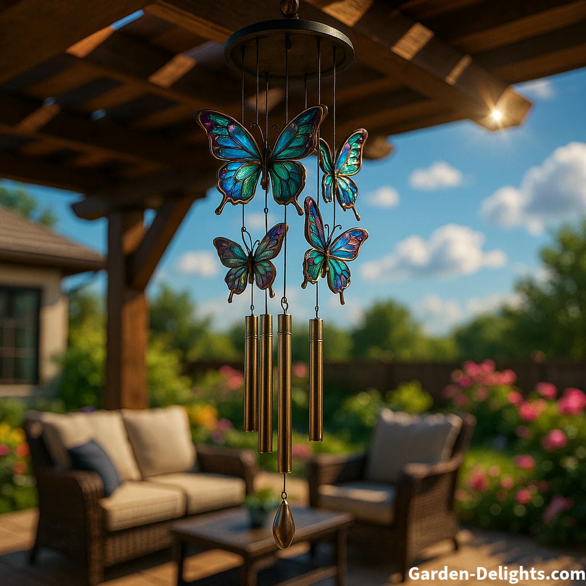 butterfly wind chimes under covered patio with soft airflow and gentle tone