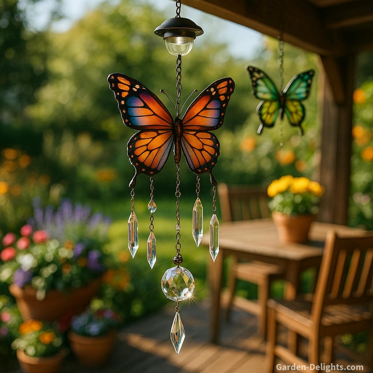 Daytime view of a butterfly wind chime with crystal prisms and subtle solar lighting, swaying above a wooden patio surrounded by flower pots and pollinator plants