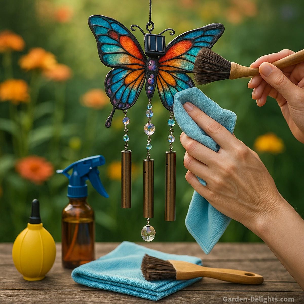 Detailed butterfly wind chimes cleaning using soft cloths and brushes on painted wings, crystal beads, and solar panel; maintenance tools laid out in a garden setting