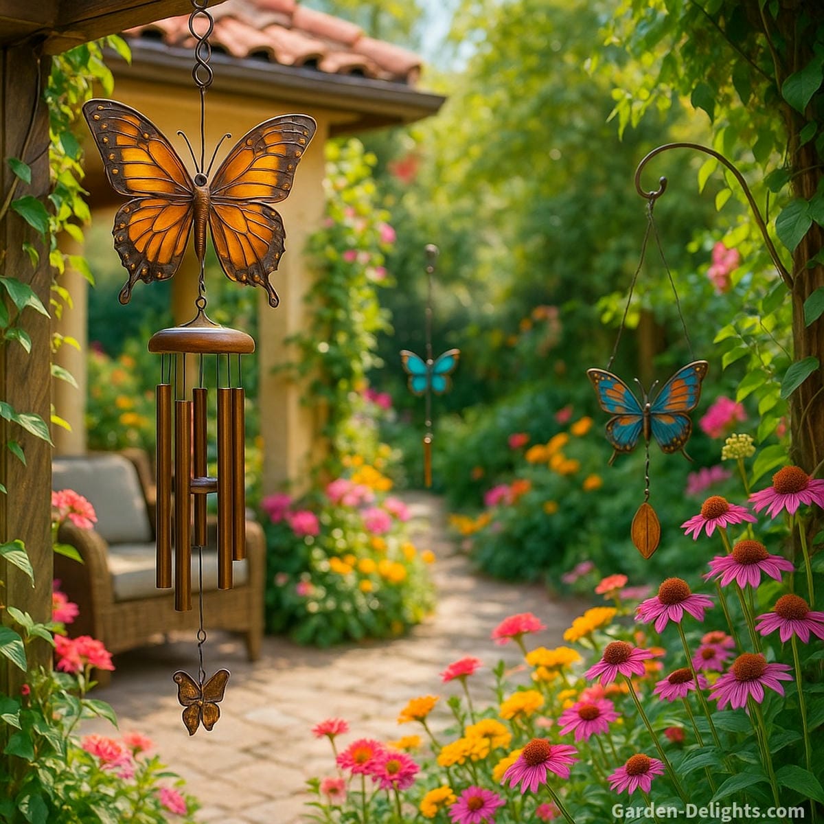 butterfly wind chimes in garden nook with gentle airflow