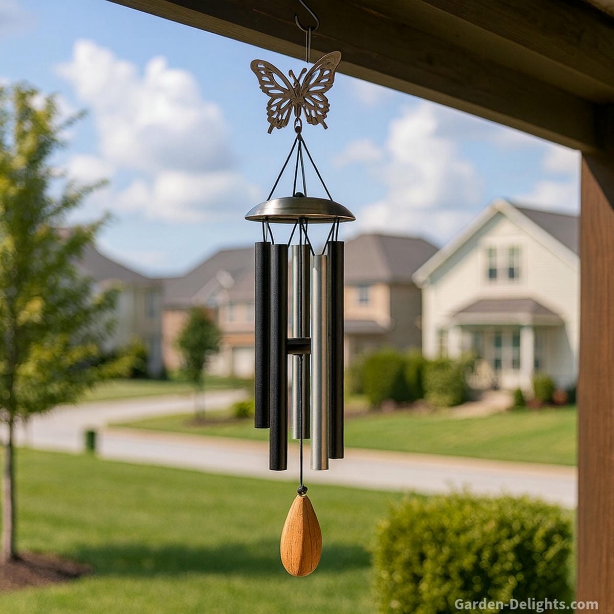 Butterfly wind chimes with alternating black and silver tubes, wooden striker, and metal butterfly topper hanging from a patio beam in a peaceful suburban neighborhood symbolizing transformation, calm soundscapes, and Feng Shui balance