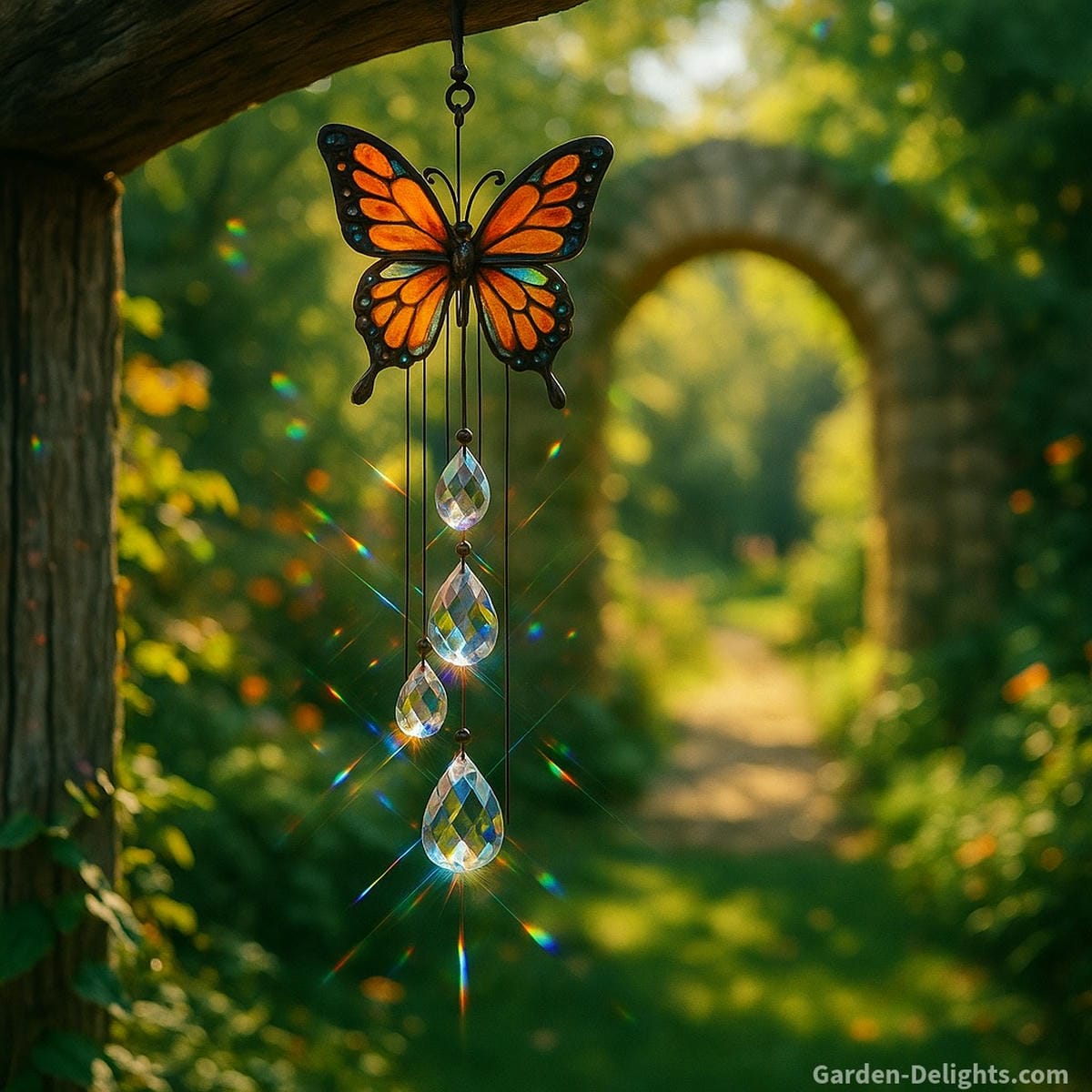 Butterfly wind chime with crystal prisms hanging from a pergola beam, sunlight scattering rainbow colors over a garden with a stone archway in the distance