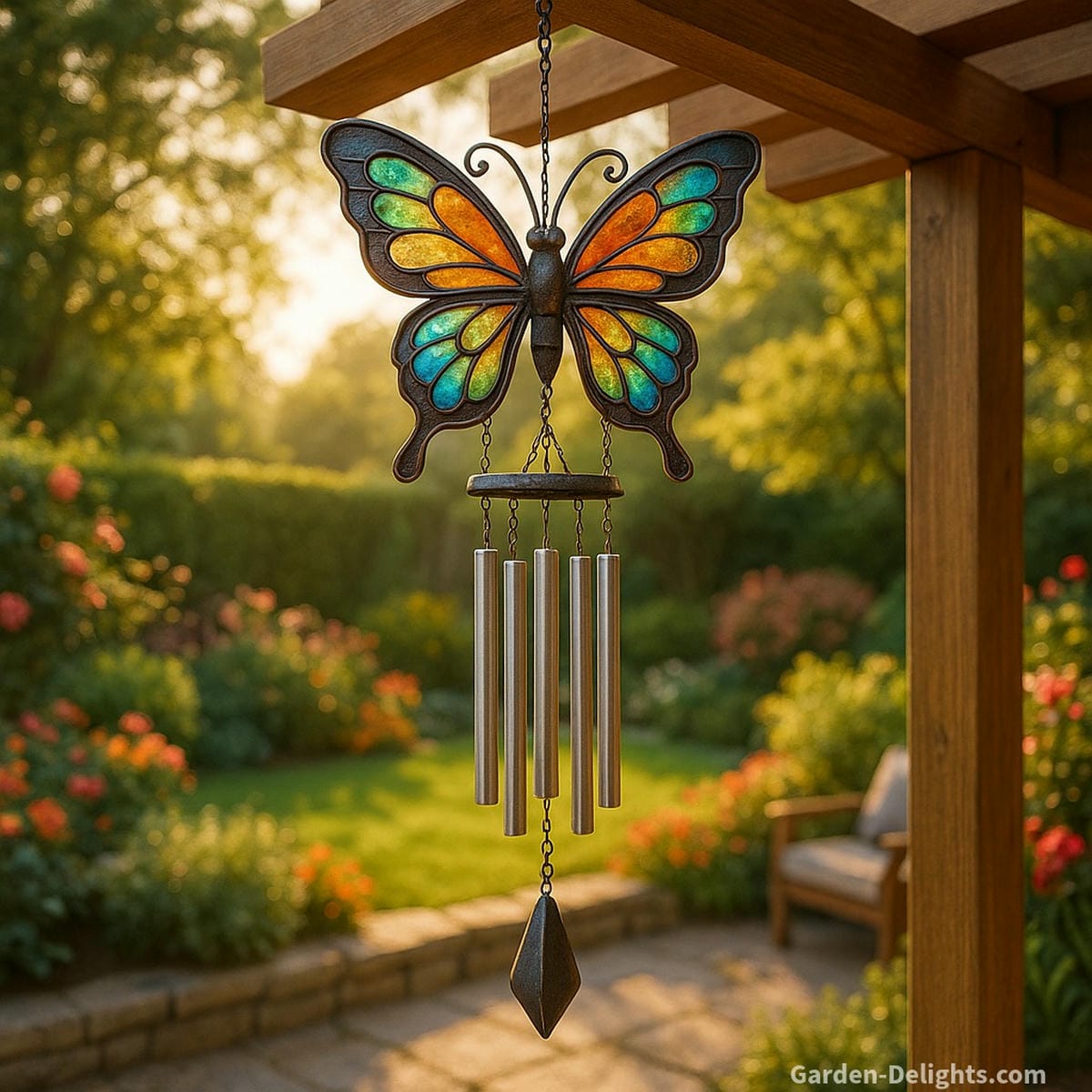 Large decorative butterfly wind chimes hanging from a pergola, featuring stained glass wings, bold metal frames, and long aluminum tubes casting melodic tones in a sunlit garden patio