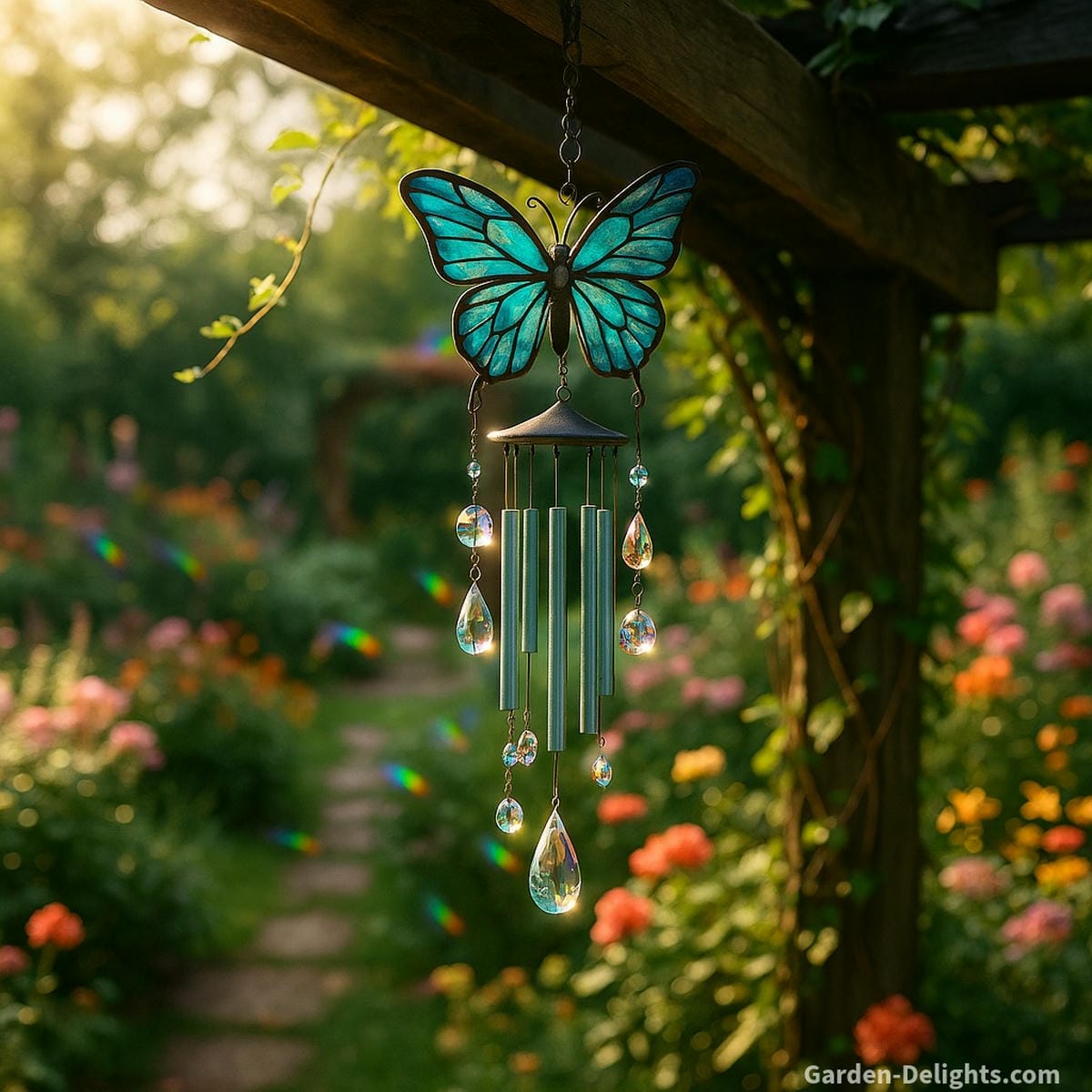 Memorial glass butterfly wind chimes shimmering in the sunlight from a rustic pergola, with crystal prisms casting rainbow reflections over a peaceful remembrance garden filled with flowers and greenery