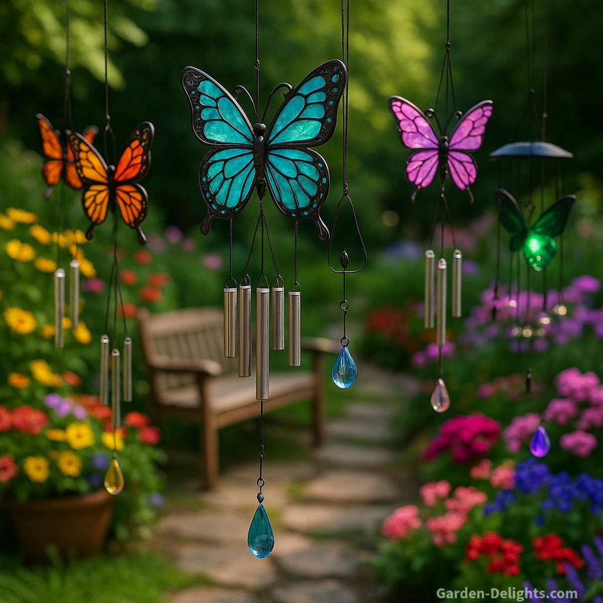butterfly wind chimes in meditation garden with soft tone airflow