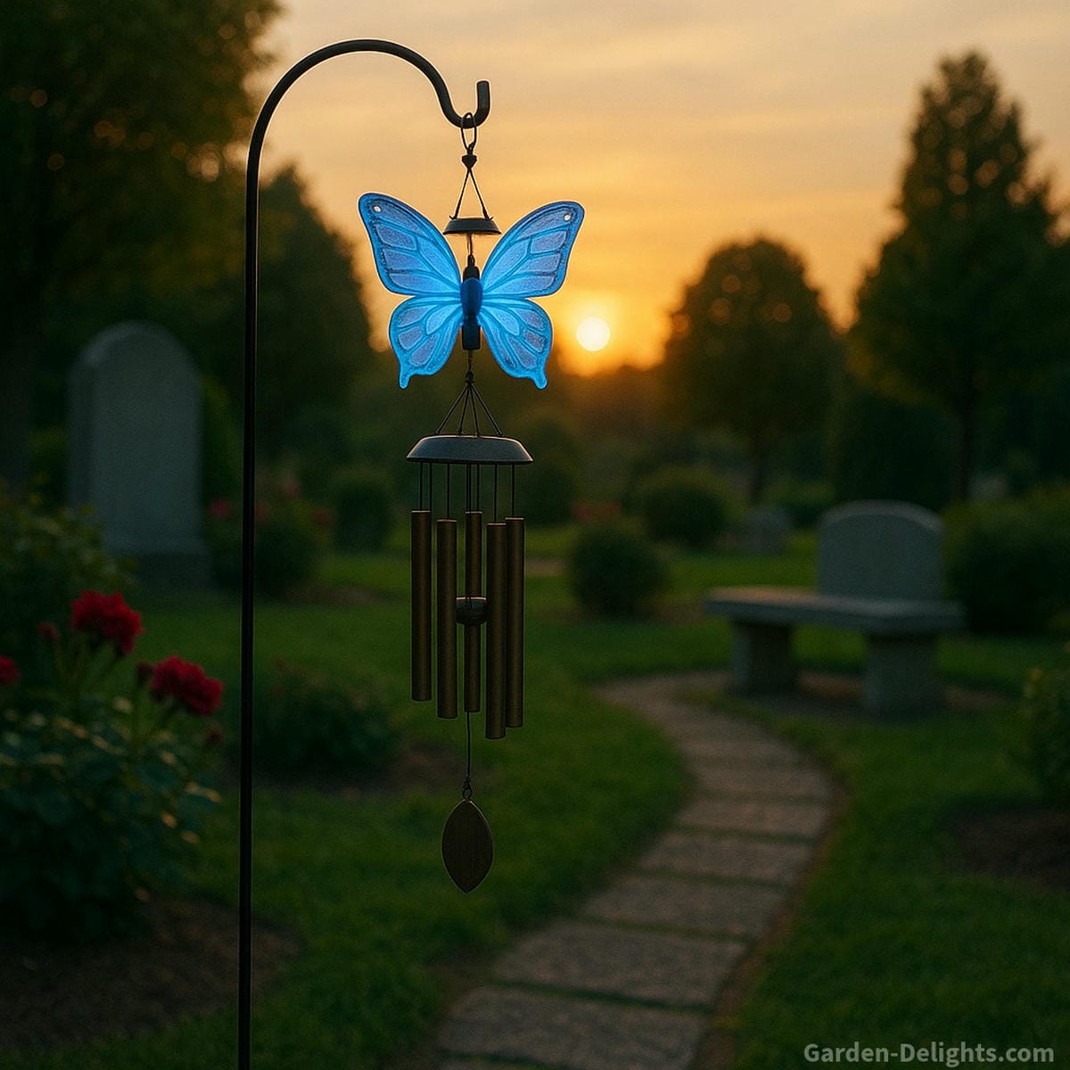 Solar butterfly wind chimes with color-changing LEDs illuminating a garden pathway near a trellis and bench ideal for remembrance, mindfulness, and smooth chi flow at dusk