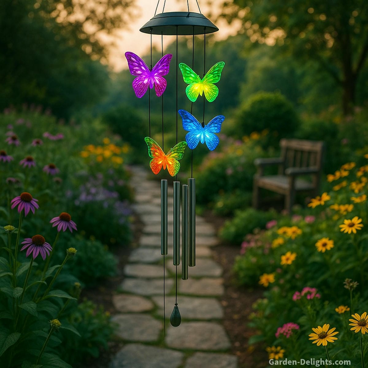 Solar-powered butterfly wind chimes glowing softly in a twilight garden along a stone path, surrounded by flowering plants and rustic wood seating. Each butterfly emits a calming multicolor light while delicate aluminum tubes play soft tones.