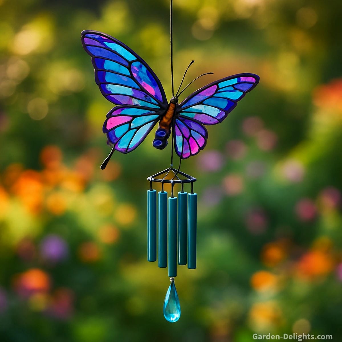 Flying butterfly wind chime hanging from a sunny deck post, with wings spread and shimmering aluminum tubes below, swaying gently above a colorful flower-filled garden perfect for spring and summer sound healing, patio meditation, and symbolic outdoor décor