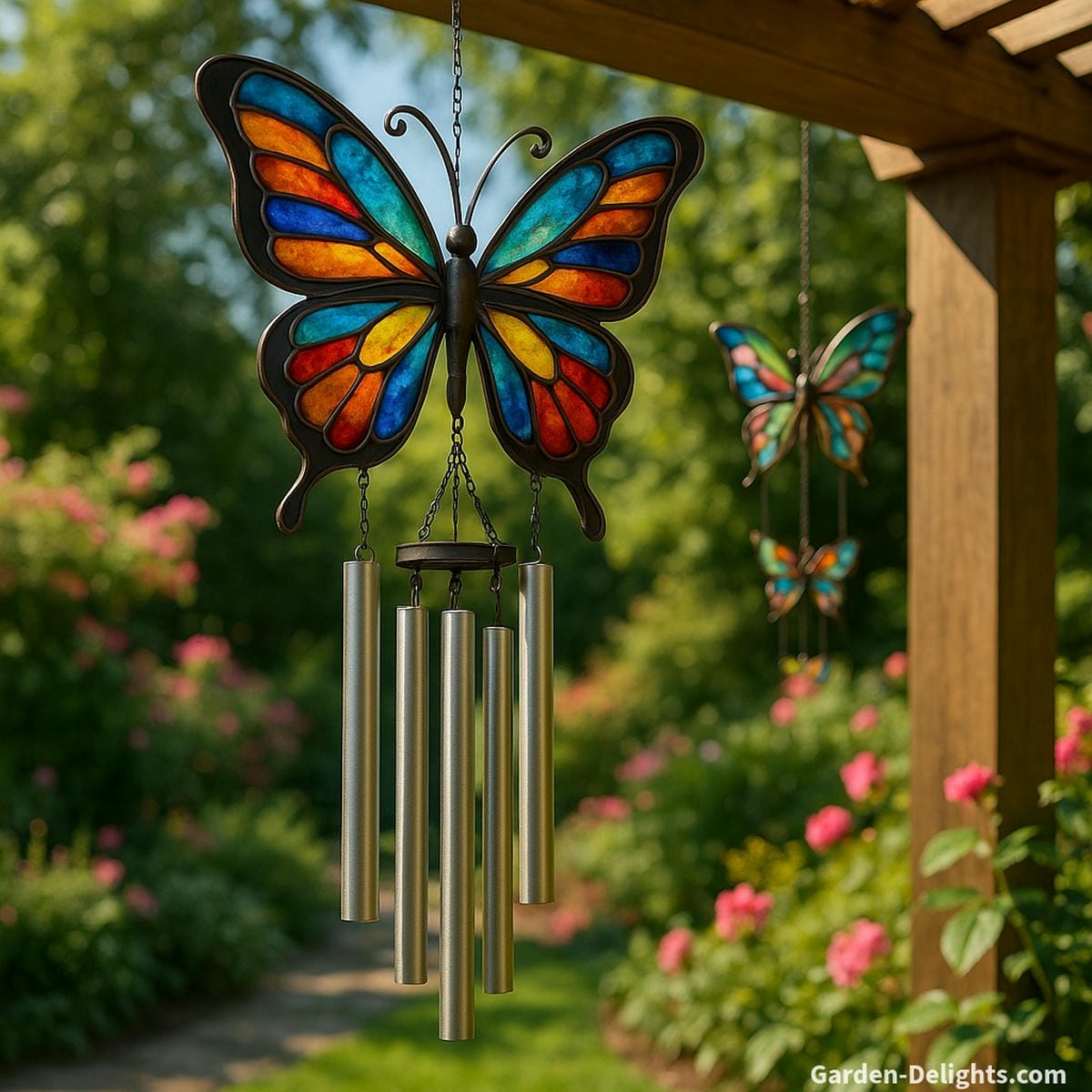 Weatherproof butterfly wind chimes made of powder-coated metal, UV-protected glass, and bamboo, hanging in a lush garden with bright sunlight, showing durability and decorative charm for outdoor use