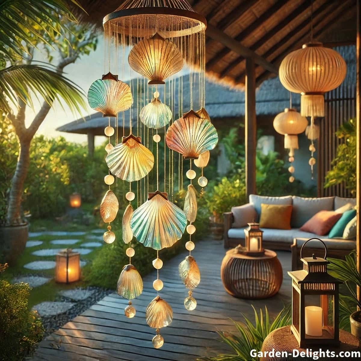 Capiz shell wind chimes, handcrafted from pearl oysters with vibrant, translucent colors, swaying in the breeze. The sunlight shines through, creating a mesmerizing effect in a serene backyard setting with lush greenery and a cozy patio.