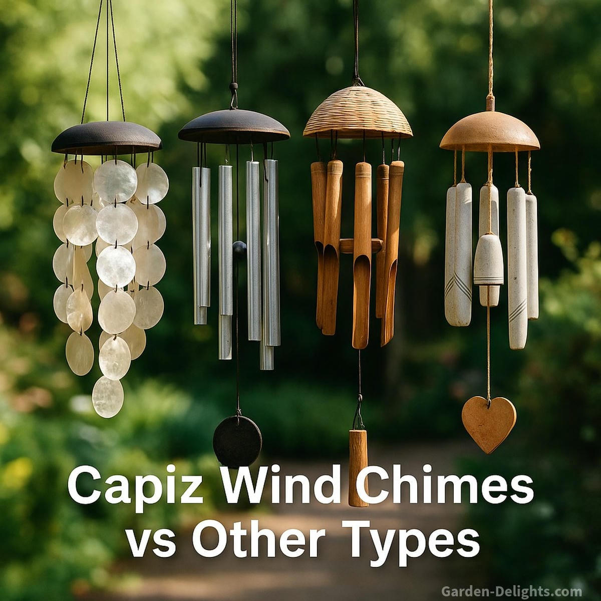 capiz compared to metal bamboo and glass wind chimes showing tone differences