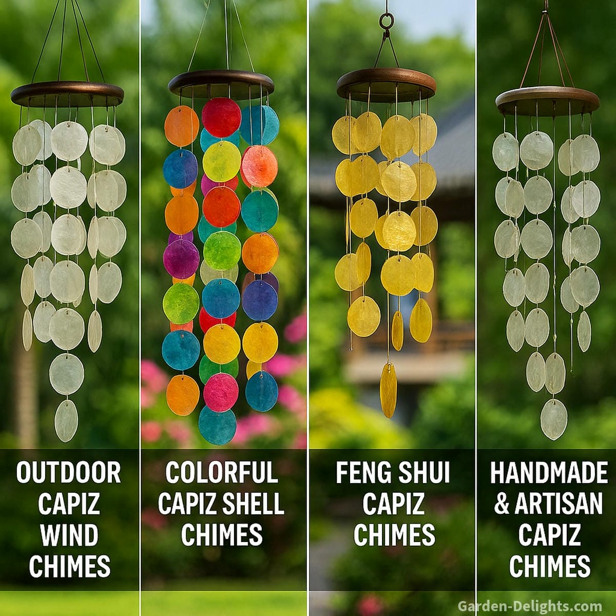 Capiz wind chimes compared by outdoor use, colorful shell symbolism, Feng Shui placement, and handmade artisan design showing shimmering tones, rainbow shells, prosperity energy, and Filipino heritage craftsmanship
