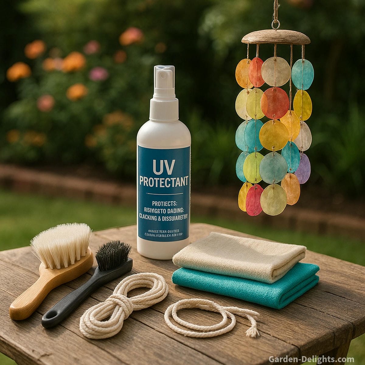 Soft brushes, UV sprays, and cloths arranged beside colorful Capiz wind chimes in a peaceful garden workstation for proper cleaning, protection, and seasonal maintenance