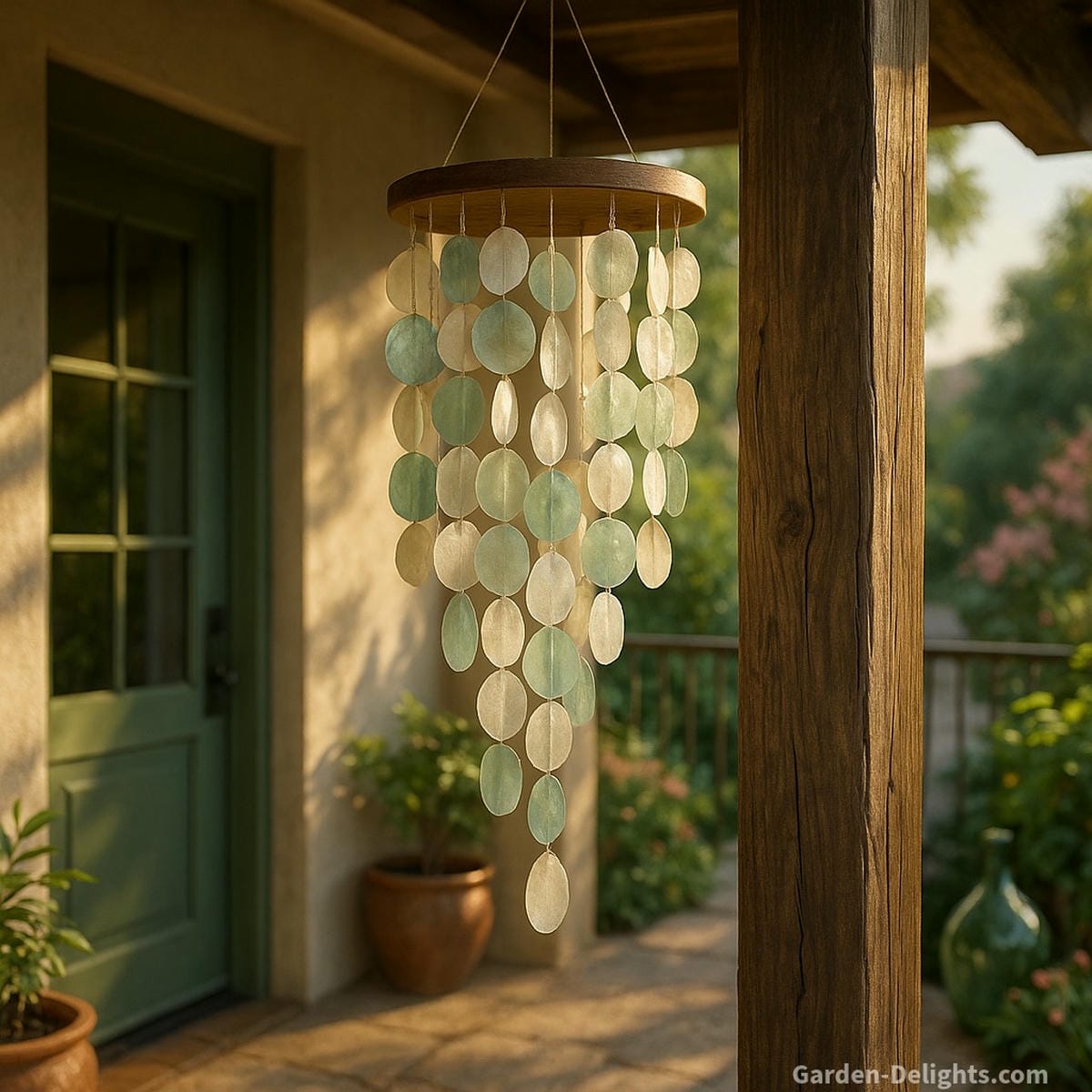 Capiz wind chimes hanging at a Feng Shui entryway and balcony corner, translucent shells glowing in sunlight with gentle tones for Chi flow, grief healing, and coastal garden serenity