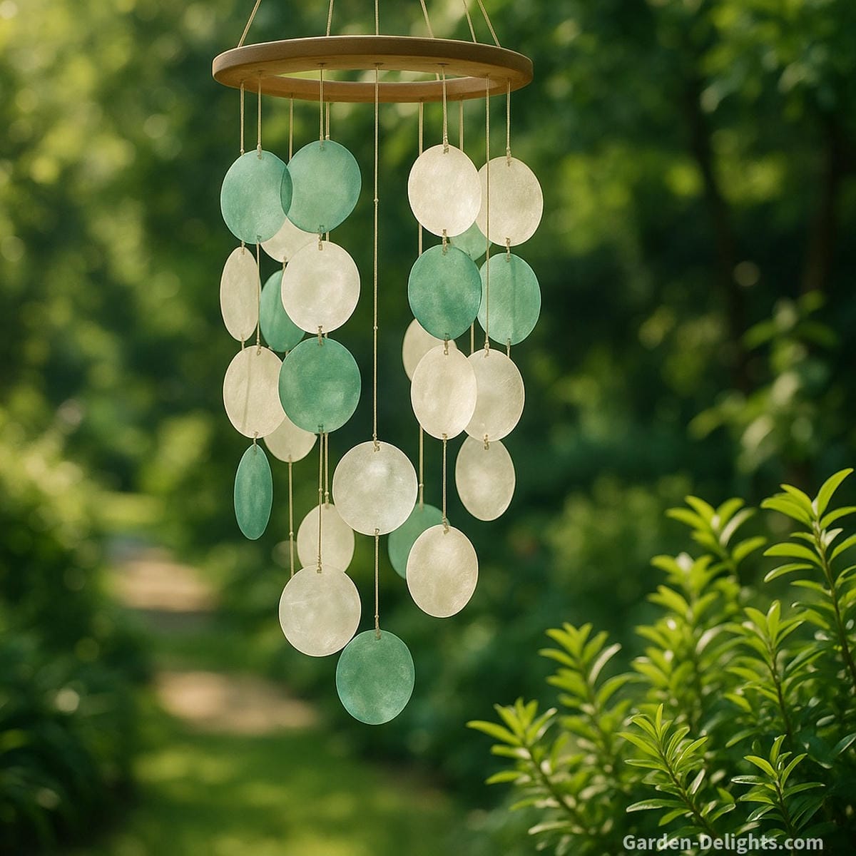 Capiz wind chimes placed in a sunlit Feng Shui garden with seafoam and pearl shells catching the light symbolizing healing Chi flow, clarity, and spiritual energy for sacred spaces and meaningful gift-giving