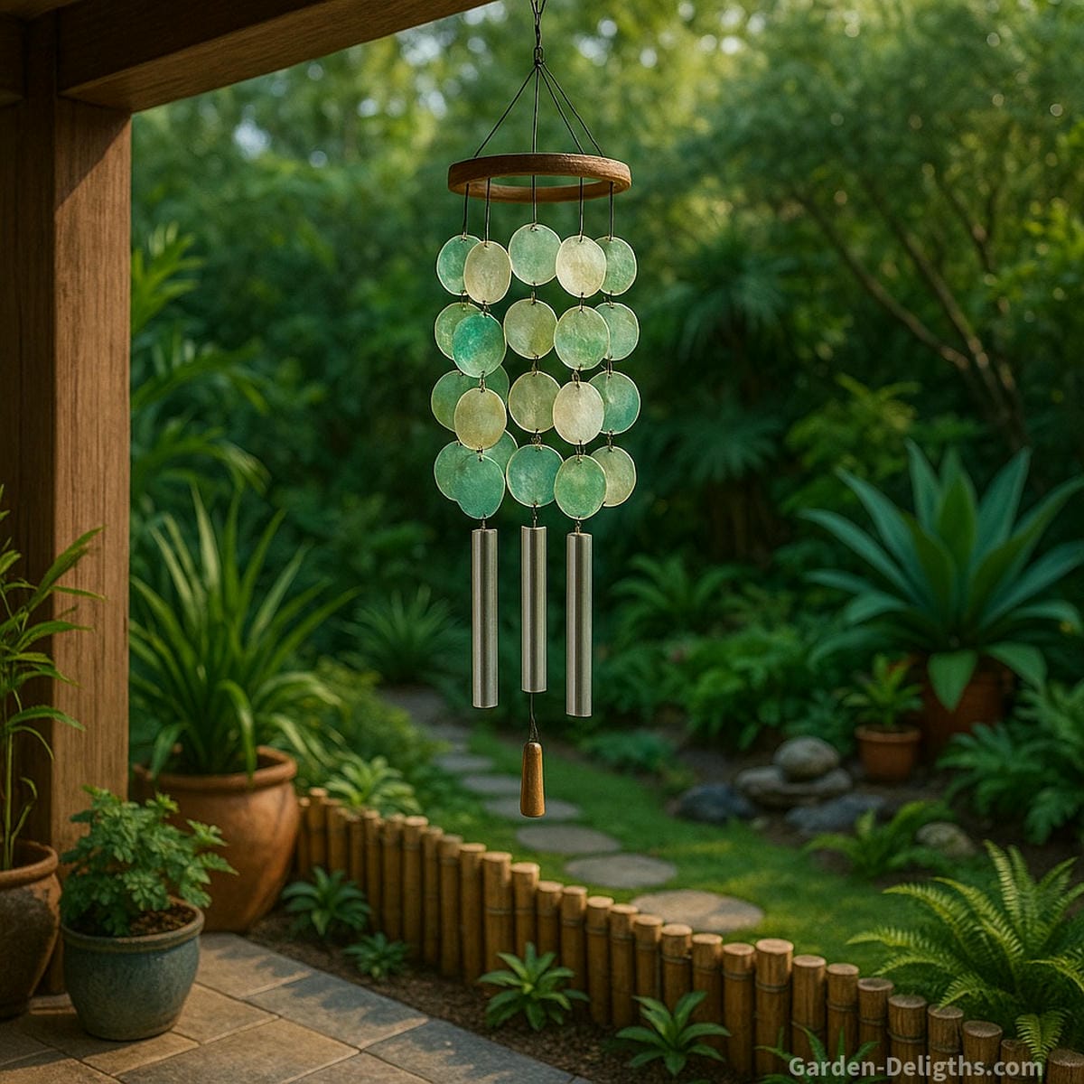 Capiz wind chimes crafted from translucent Filipino shells hang gracefully on a breezy patio, surrounded by coastal plants, bamboo elements, and Zen-inspired garden décor to reflect handmade tradition, emotional healing, and outdoor elegance