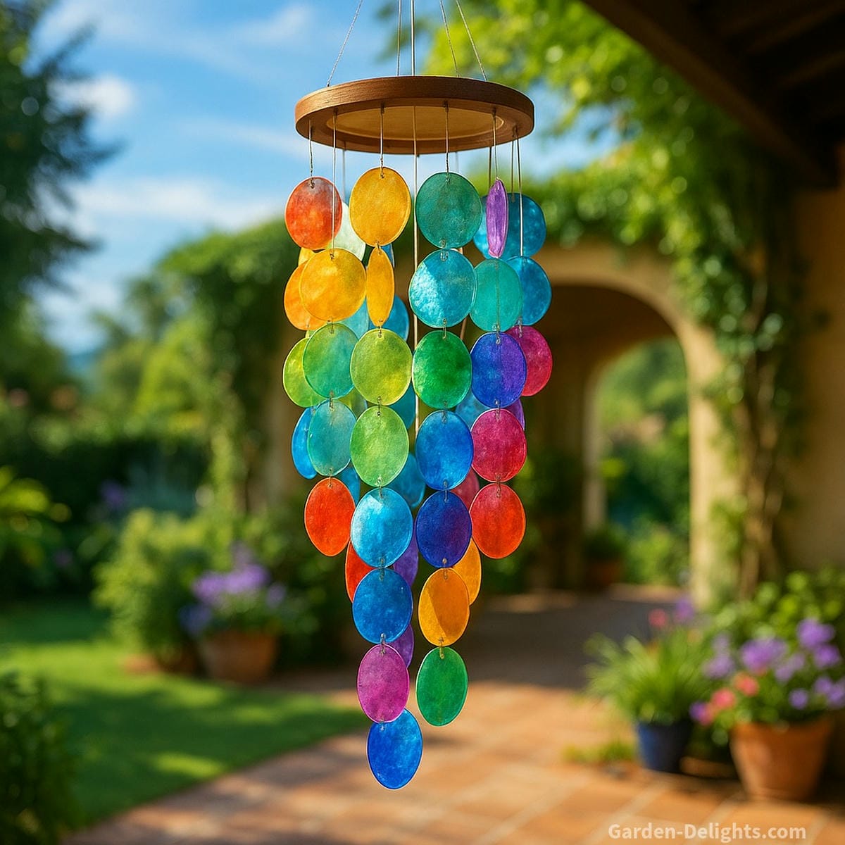 Rainbow Capiz wind chimes made from sea glass-style shells hanging in a sunny garden patio with coastal breeze, evoking ocean serenity, musical harmony, and healing energy ideal as gifts for mom or peaceful décor for sacred outdoor spaces